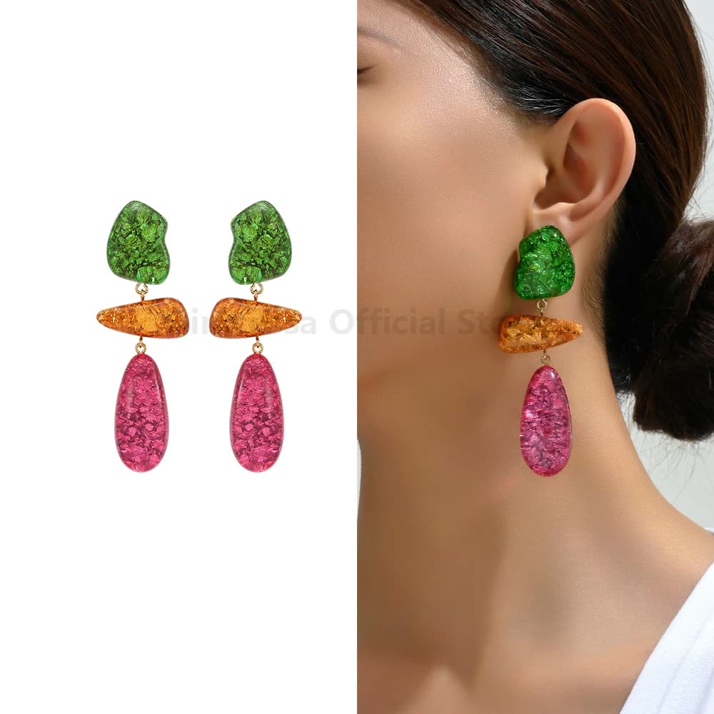 Women's Multicolored Teardrop Resin Earrings with Irregular Stone Charm Luxury Dangle Jewelry for Wedding Party