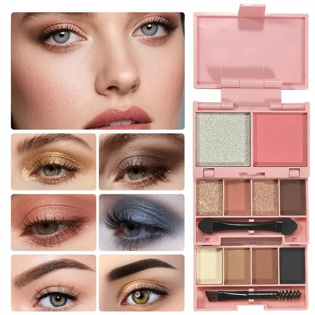 Palette Trucco Portatile Pieghevole in 3 Parti, Ombretto+Illuminante+Blush+Contour, Vassoio Cosmetico Multicolore Impermeabile a Lunga Durata