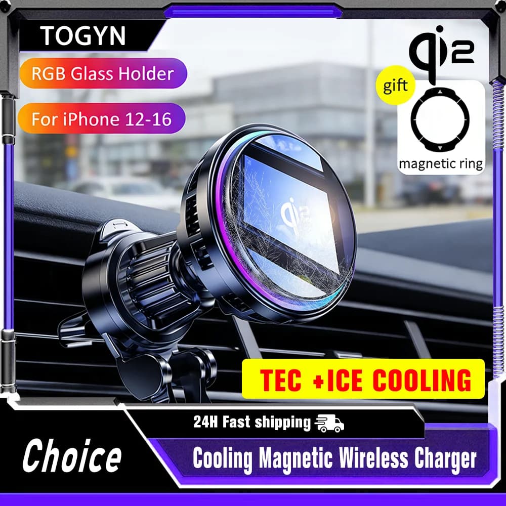 Caricatore Wireless QI2 con Raffreddamento a Ghiaccio, Vetro Temperato RGB, Ricarica Rapida Magnetica, Radiatore, Organizzatore FClip, Supporto per Cuffie a Doppio Strato