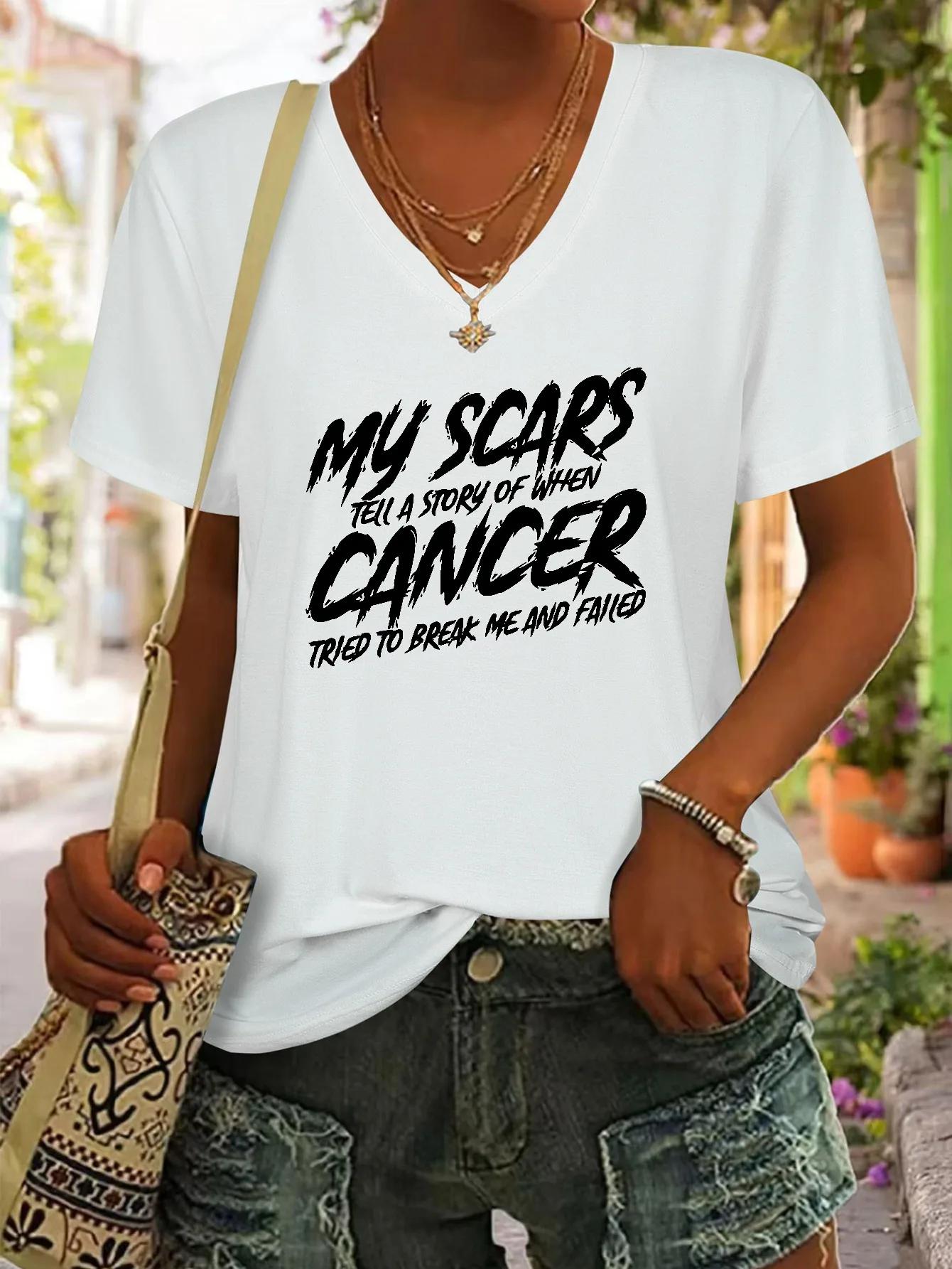 Women's Cancer Survivor Inspirational T-Shirt - "My Power Story" V-neck top, soft and breathable fabric, spring, summer and autumn regular short-sleeved T-shirt, machine washable, casual wear, comfortable daily wear