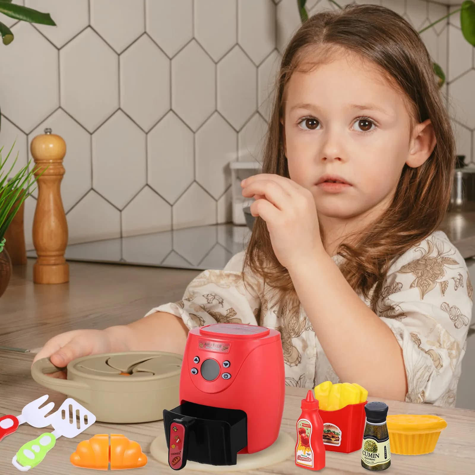 Set da Cucina Giocattolo con Friggitrice ad Aria a Colori Cangianti e Cibo Finto per Apprendimento Interattivo e Gioco Immaginativo