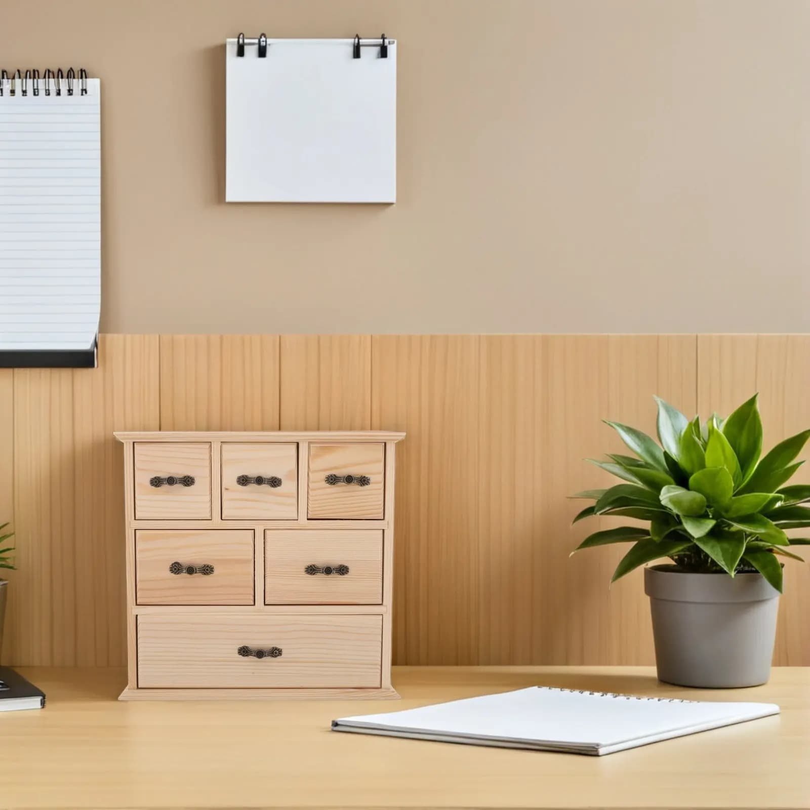 Organizer da Scrivania in Legno con 6 Cassetti, Mini Contenitore in Legno Massello Naturale per Cancelleria, Trucchi e Forniture per Ufficio