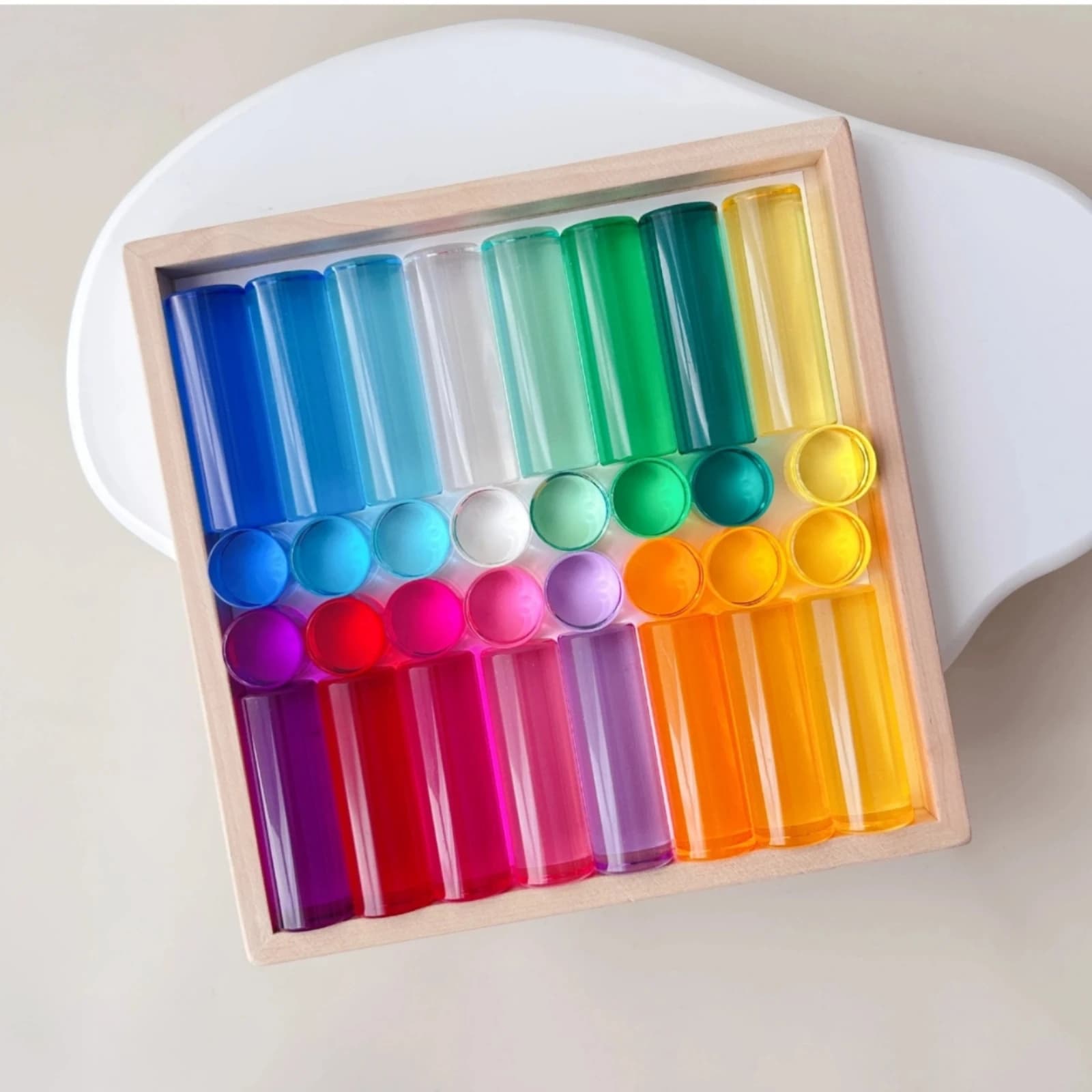32 Pieces Acrylic Blocks with Wooden Tray Sensory Translucent Building Blocks Construction Set Colorful Toy Rainbow for Children