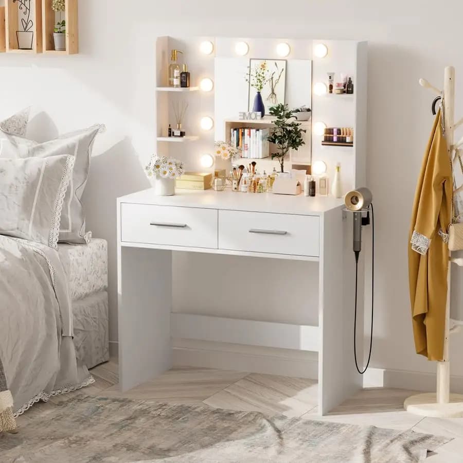 Make-up table with Mirror and Lights, Current socket, Make-up desk with 2 drawers, 6 Storage shelves and Hair dryer support