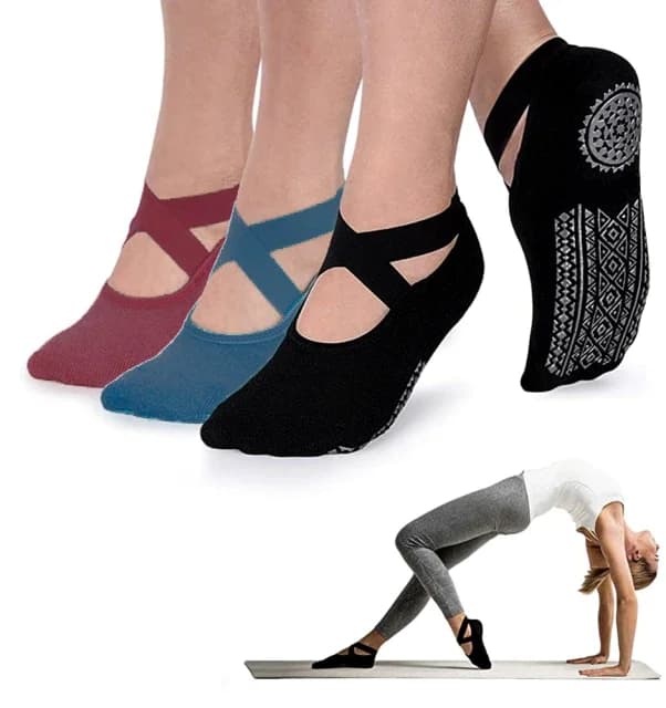 Yoga socks for women, anti-slip handles and straps, cotton sock with bandage, ideal for Pure Barre Pilates, classical dance, barefoot training
