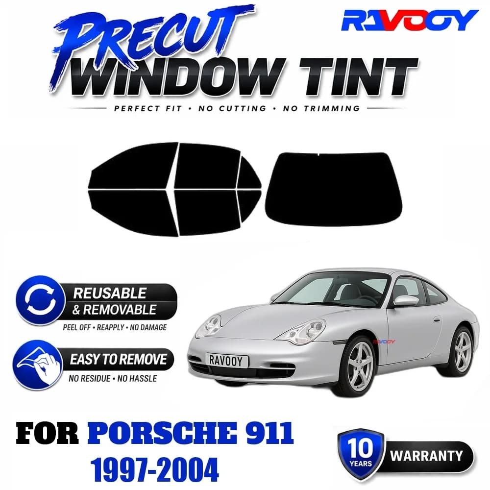 RAVOOY Precut Window Tint, Reusable Removable EPU Film, Custom Fit for Porsche 911 1997-2004, UV Heat Protection