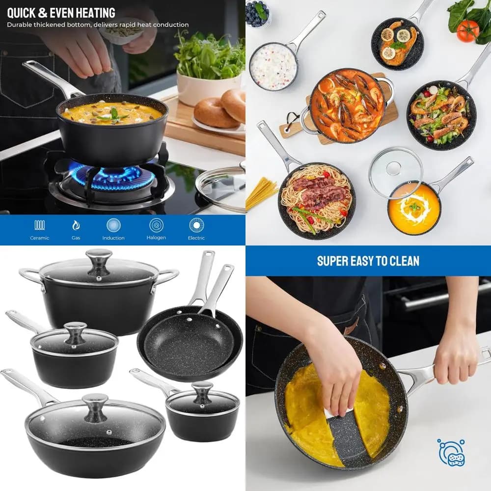 Set di pentole a induzione antiaderente da 10 pezzi, compatibile con tutti i stufe, lavabile in lavastoviglie, include padelle, pentole e stockpo