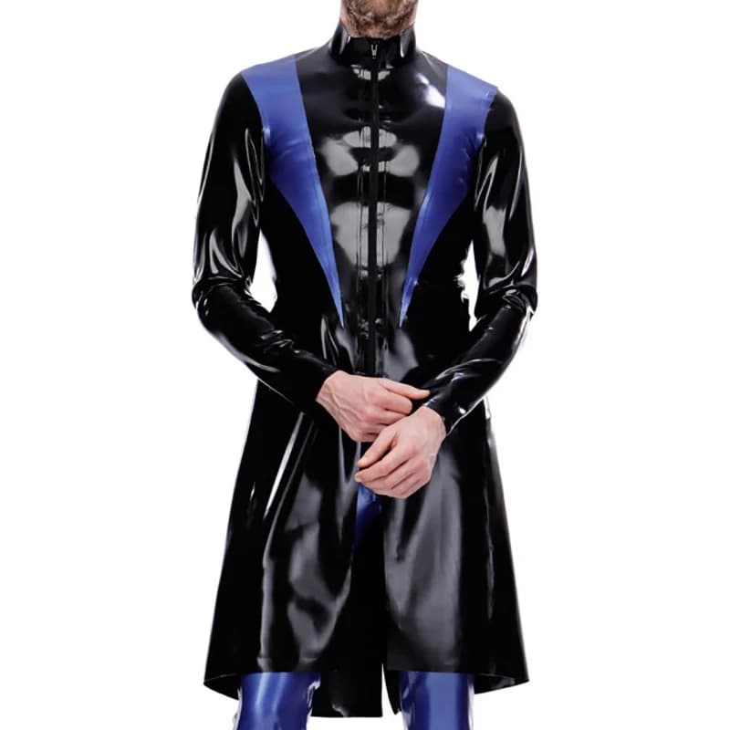 Mantello in Latex Sexy Nero e Blu con Cerniera Corta Frontale, Giacca in Gomma, Trench Coat, Soprabito 0355