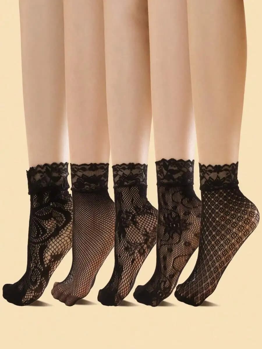 5 paia di calzini da donna neri in rete con bordi in pizzo per abbigliamento casual o per costumi
