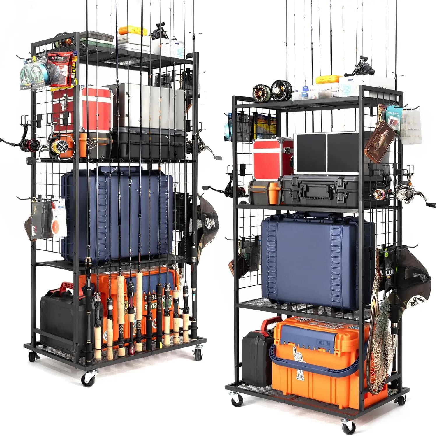 Adjustable 4 Level Fishing Gate with Wheels, Organize Up to 12 Canes and Equipment Boxes
