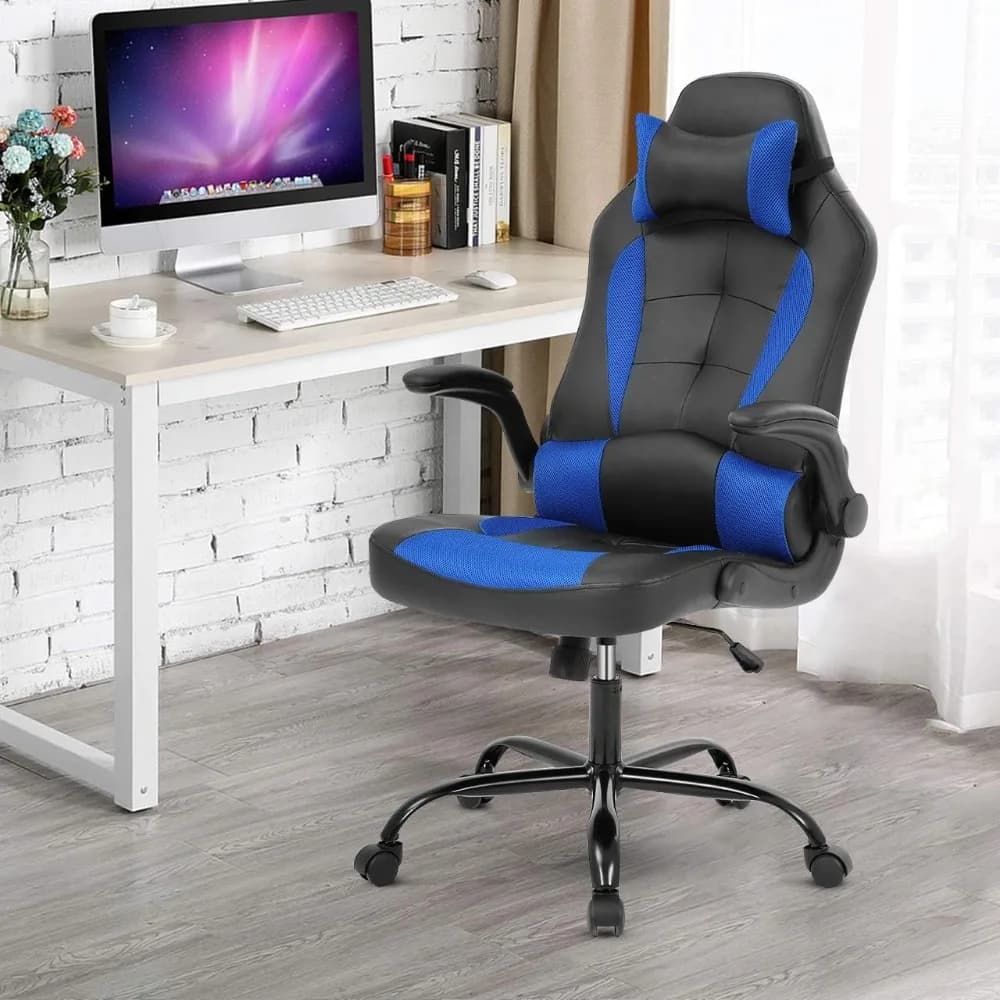 Sedia da ufficio ergonomica da gioco, scrivania, supporto lombare per computer in pelle e cuscino per la testa