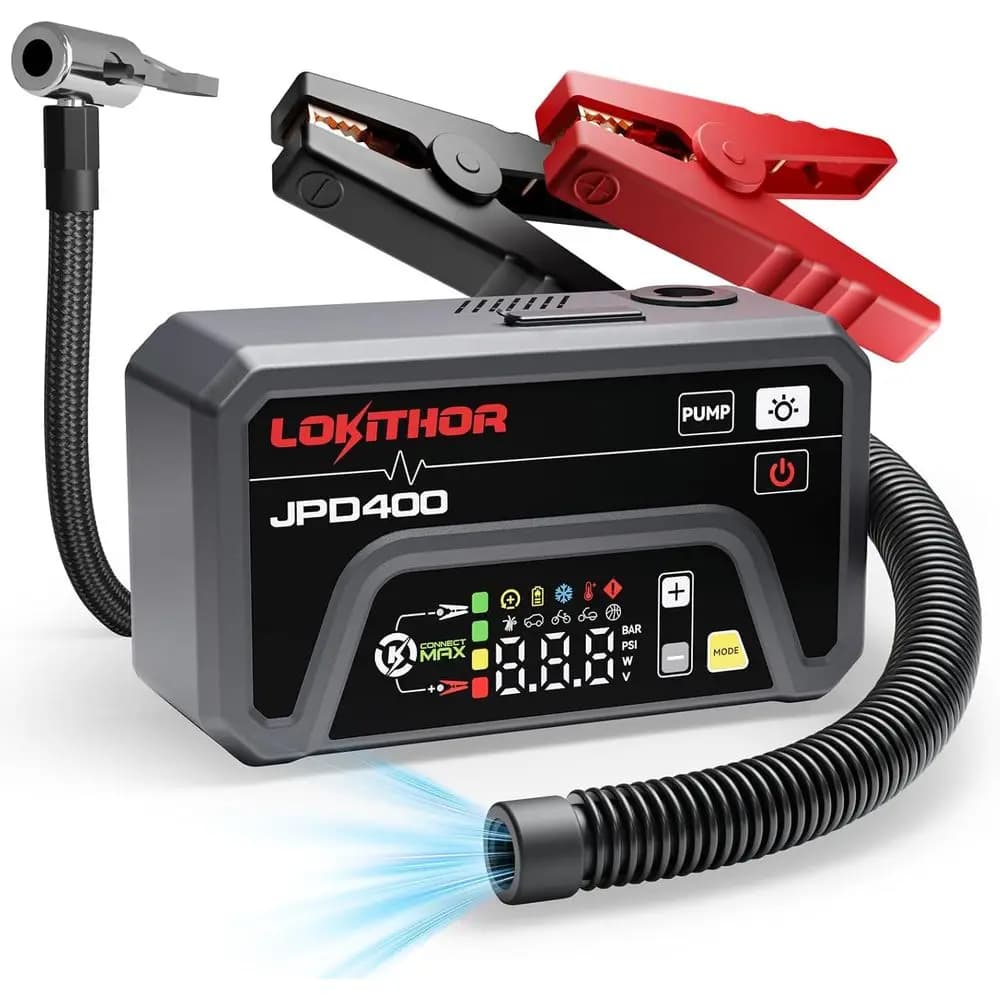 Avviatore di Emergenza Portatile 3000A con Compressore d'Aria, Gonfiatore Pneumatici, Power Bank e Luce LED