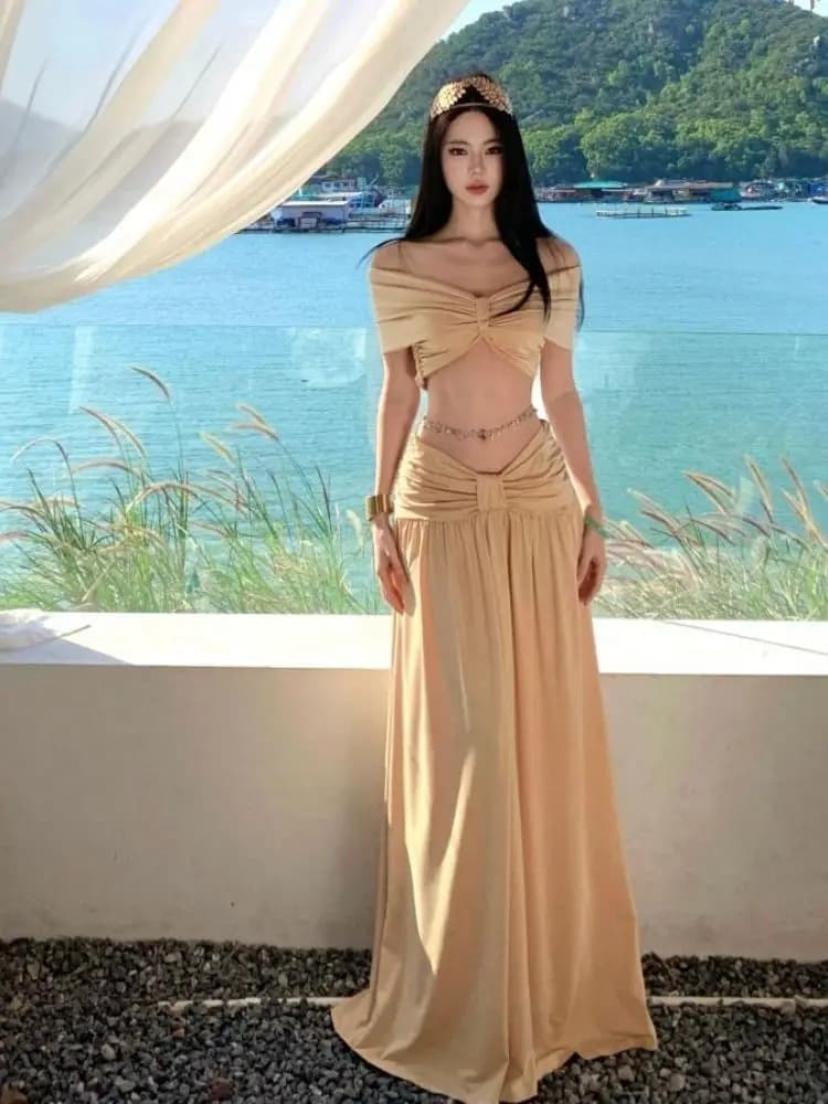 Thai Island Vacation Style Women's Swimsuit One Shoulder Bikini with Long Skirt Half Body Three Piece Set Beach Travel Sexy H...