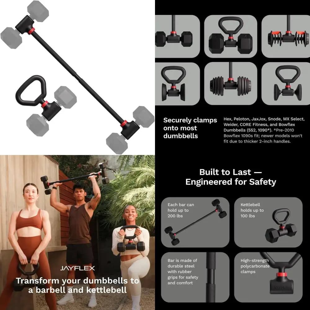 Adjustable dumbbell converter set on barbells and kettlebells for home fitness: up to 200 pounds, versatile training equipment
