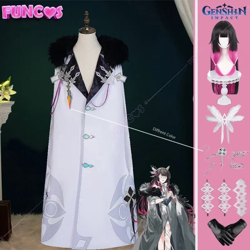 Genshin Impact Damselette Columbina Costume Cosplay mantello parrucca tornante guanto benda Eleven Fatui Harbingers ciondolo collo di pelliccia