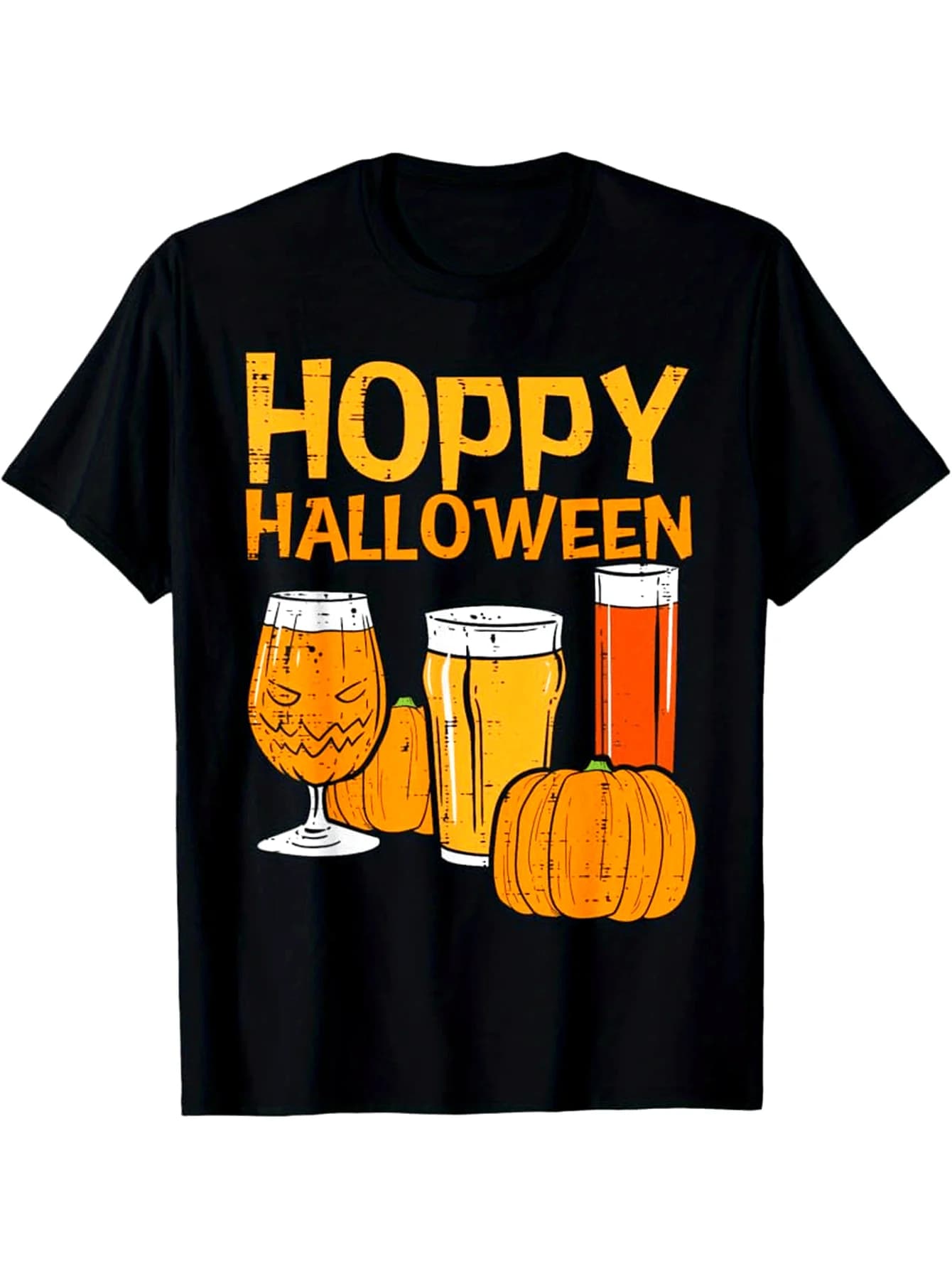 T-shirt divertente da uomo per Halloween con birra - Nera con stampa arancione, birra e design Hop