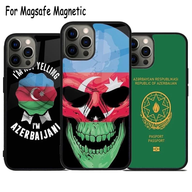 Cover Magnetica Wireless con Bandiera e Stemma dell'Azerbaigian per iPhone 17 Air 15 16 16e 14 13 11 12 Pro Max Plus, Compatibile Magsafe