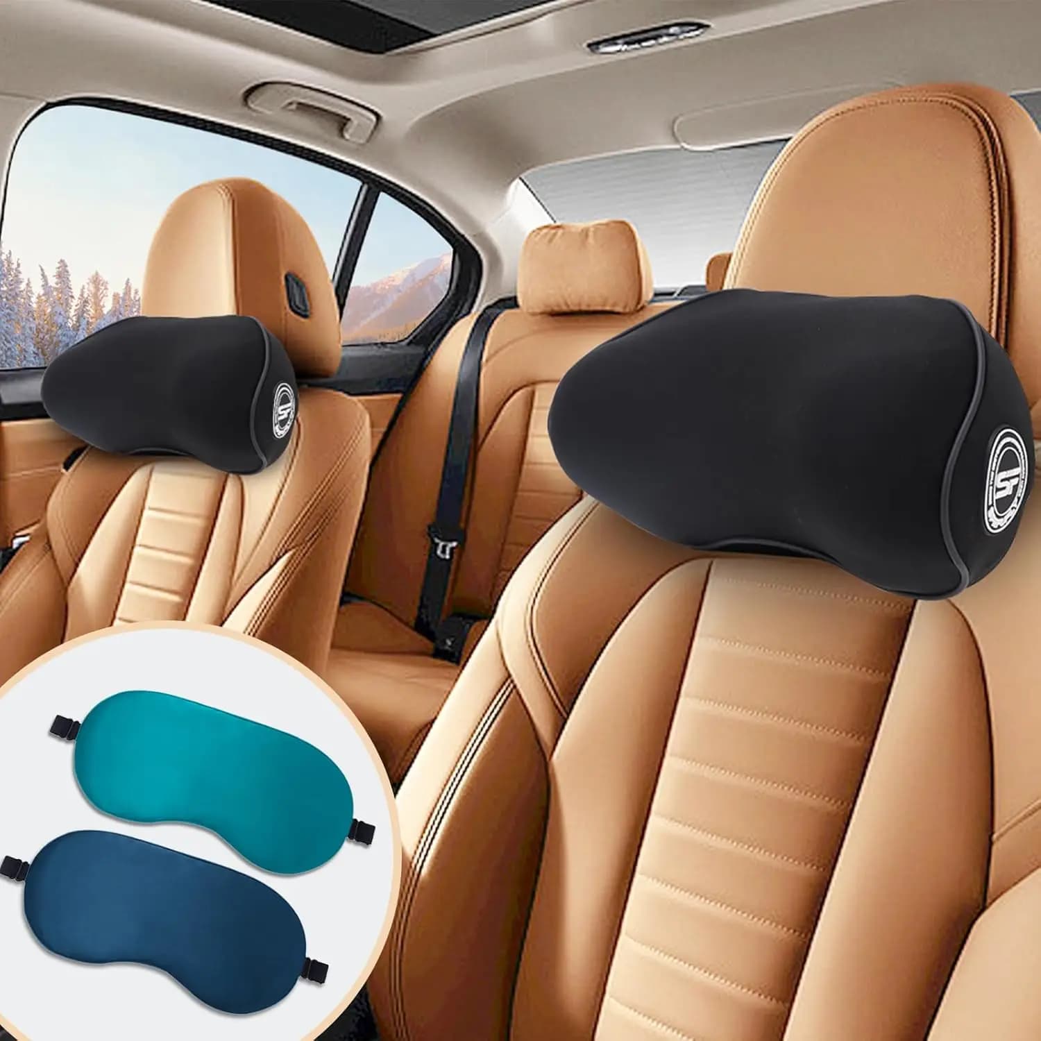 Set of 2 Bearings for Memory Foam Auto Headrest with Sleep Mask, for Collo and Lift from Pain During Guide