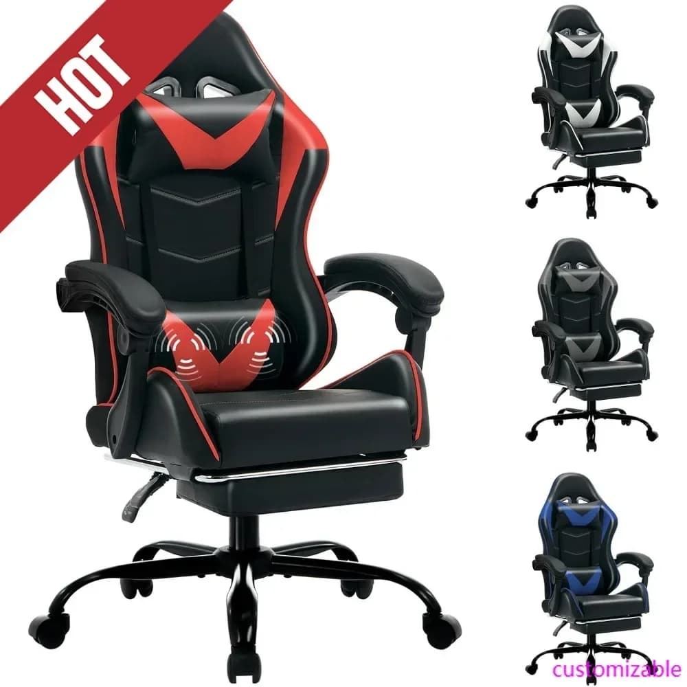 Sedia da gaming HOT con poggiapiedi, stile racing, supporto lombare, massaggio, gambe in metallo, schienale alto reclinabile per gamer