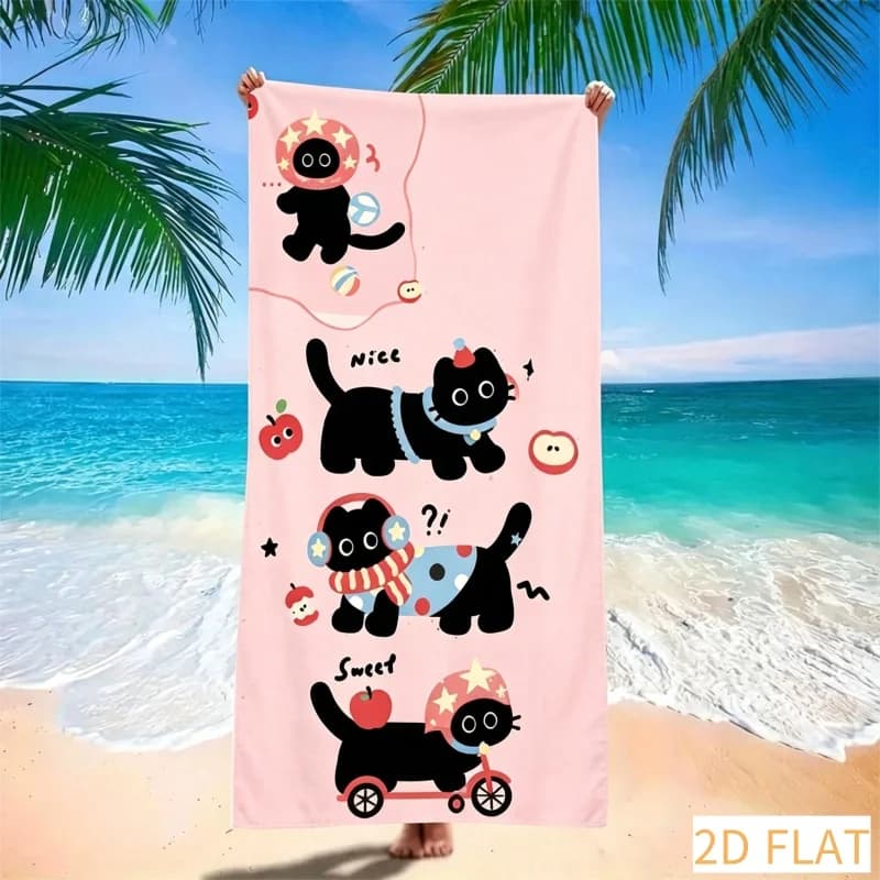 Cute Cartoon Black Cat Beach Towel Super Absorbent Quick Dry Microfiber with Apple Star Print Soft Sand Free Blanket for Picnic