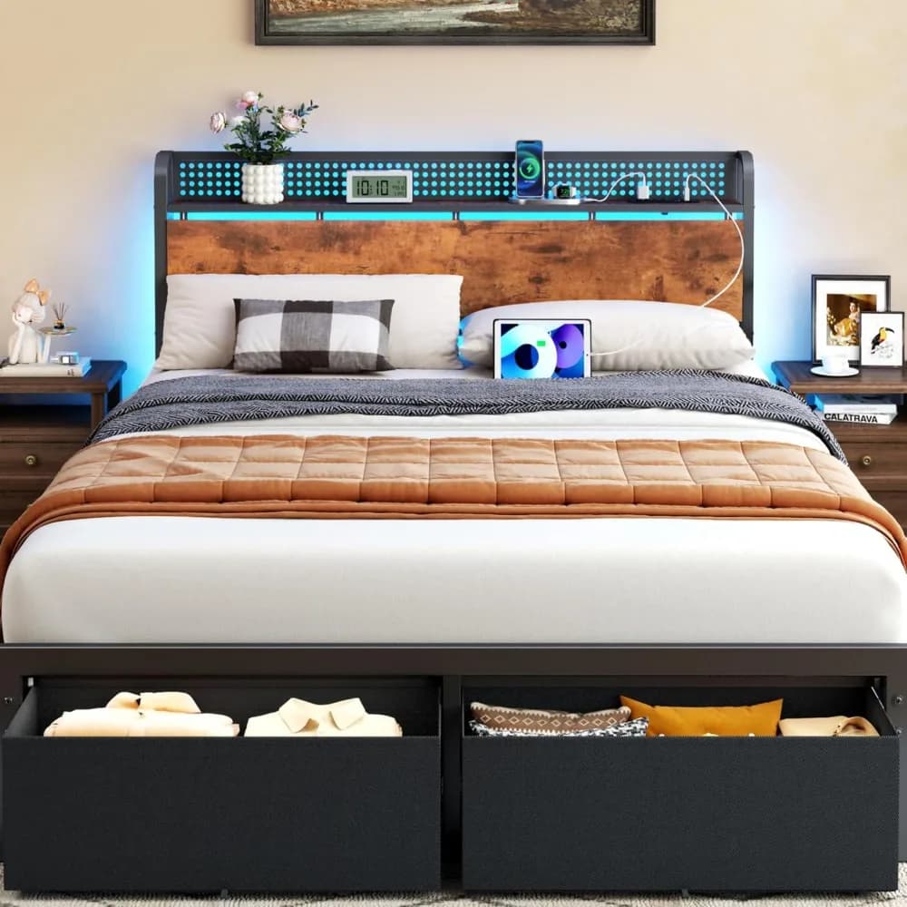 Queen Bed Frame with Headboard Storage, Charging, Drawers | 1200 lbs Capacity, LED Lights, No Box Spring Needed, Easy Assembly