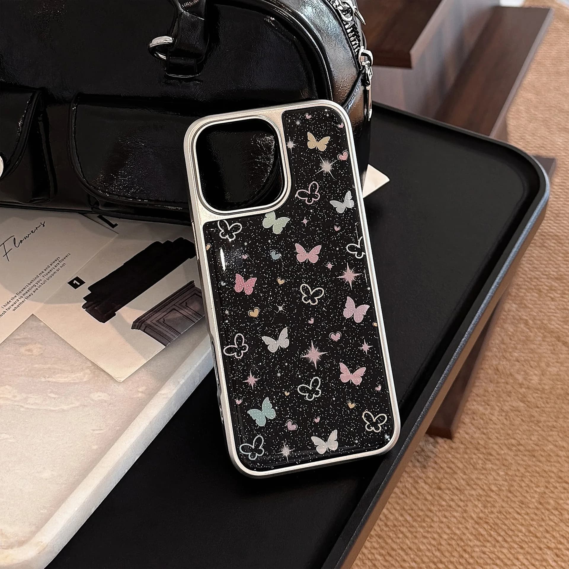 Korean Glitter Colorful Butterfly Drop Glue Plating Phone Case for iPhone 17 Air 15 13 11 12 14 16 Pro Max Shockproof Hard Cover
