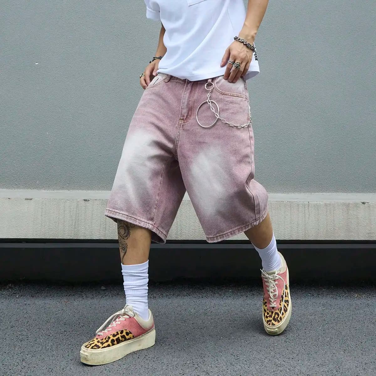Pantaloncini da uomo in denim rosa sfumato, lavaggio vintage, modello baggy, gamba larga, streetwear, oversize, al ginocchio, estivi, stile Y2K
