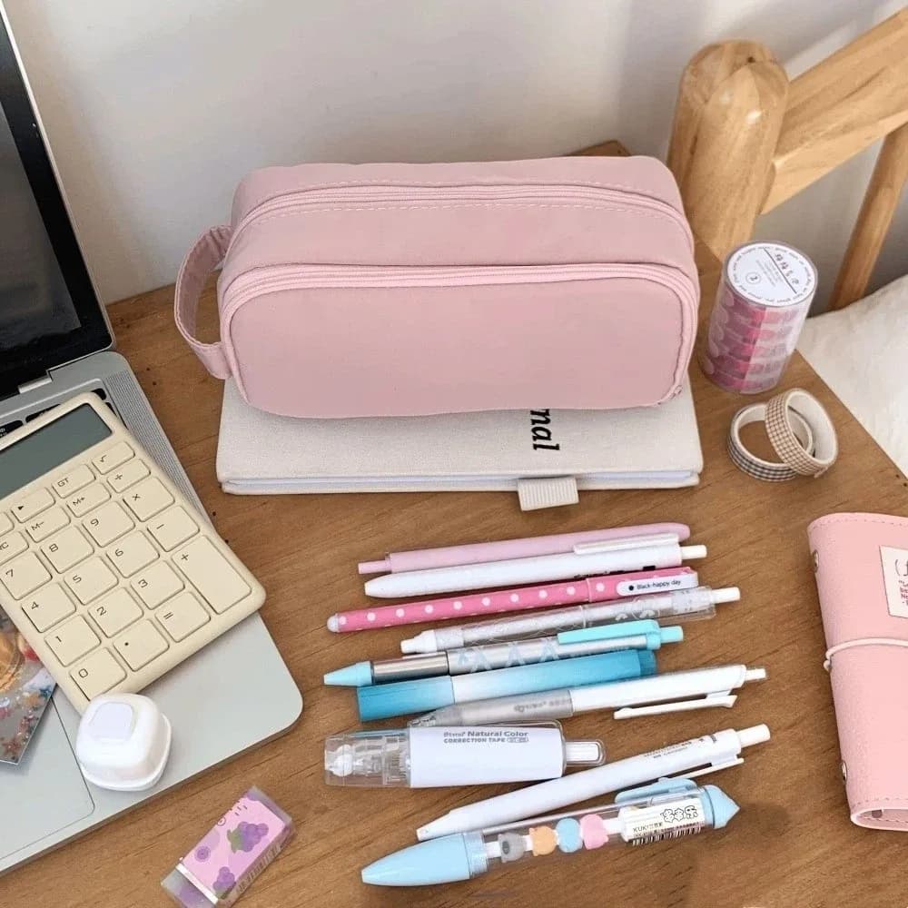 Borsa per cancelleria rosa coreana in tessuto rosa, portaoggetti da tavolo, cosmetici, carte, penne, astuccio multistrato, stile Ins di grande capacità