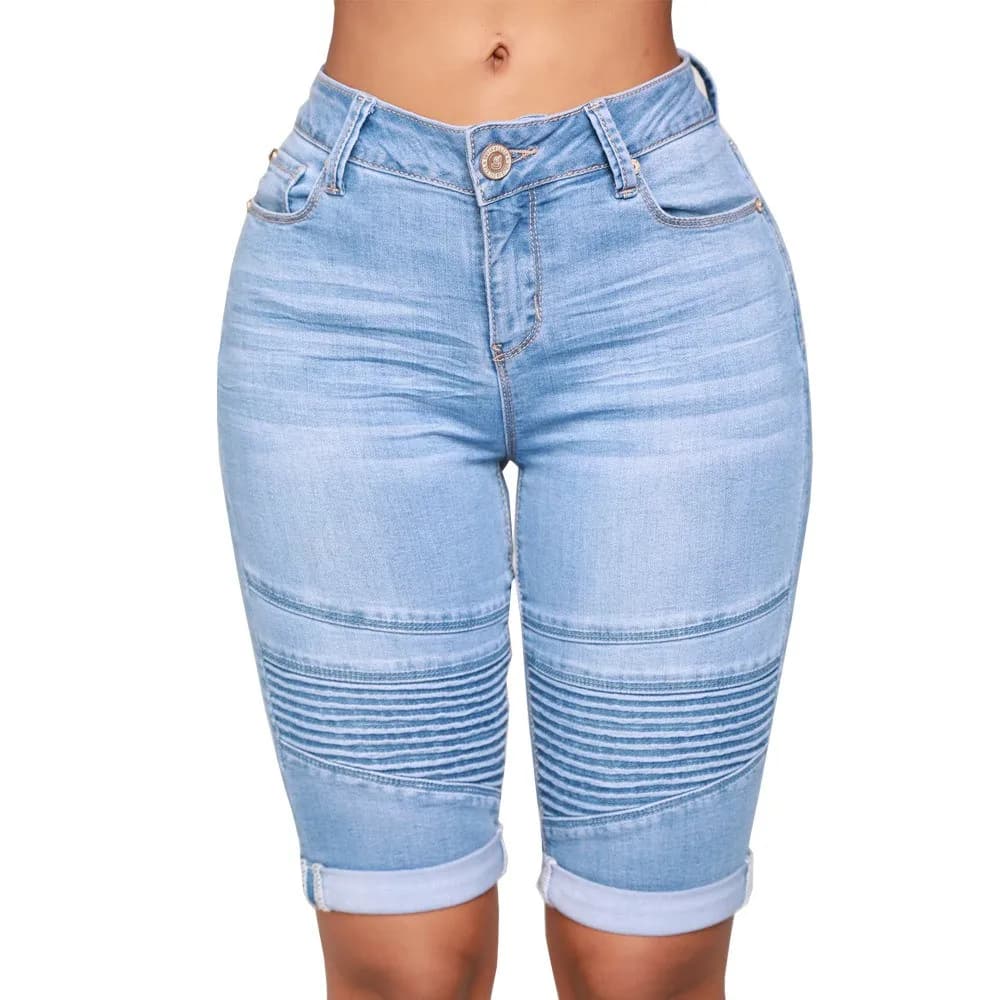 Shorts in Denim Blu da Donna a Vita Alta, Jeans in Cotone Distressed, Shorts in Denim Blu Chiaro con Orlo Risvoltato e Tasche Frontali, Stile Western
