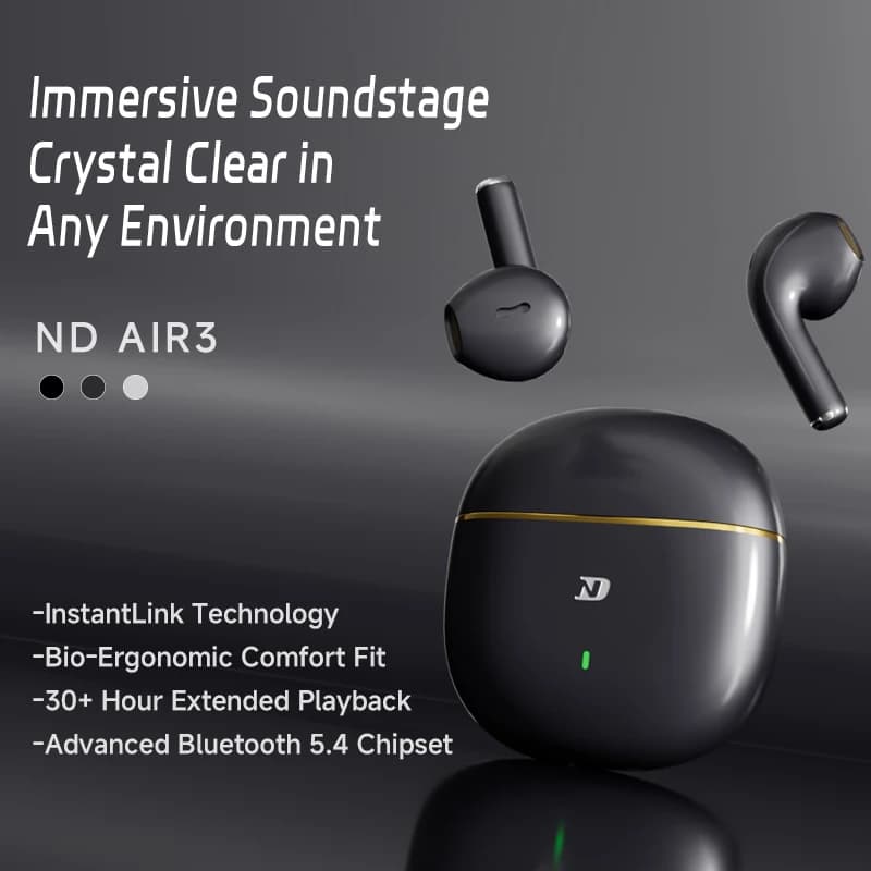 Auricolari bluetooth ND Air3 Cuffie da gioco Bluetooth 5.4 HyperBass 3.0 Miglioramento acustico Auricolare stereo HiFi con riduzione del rumore