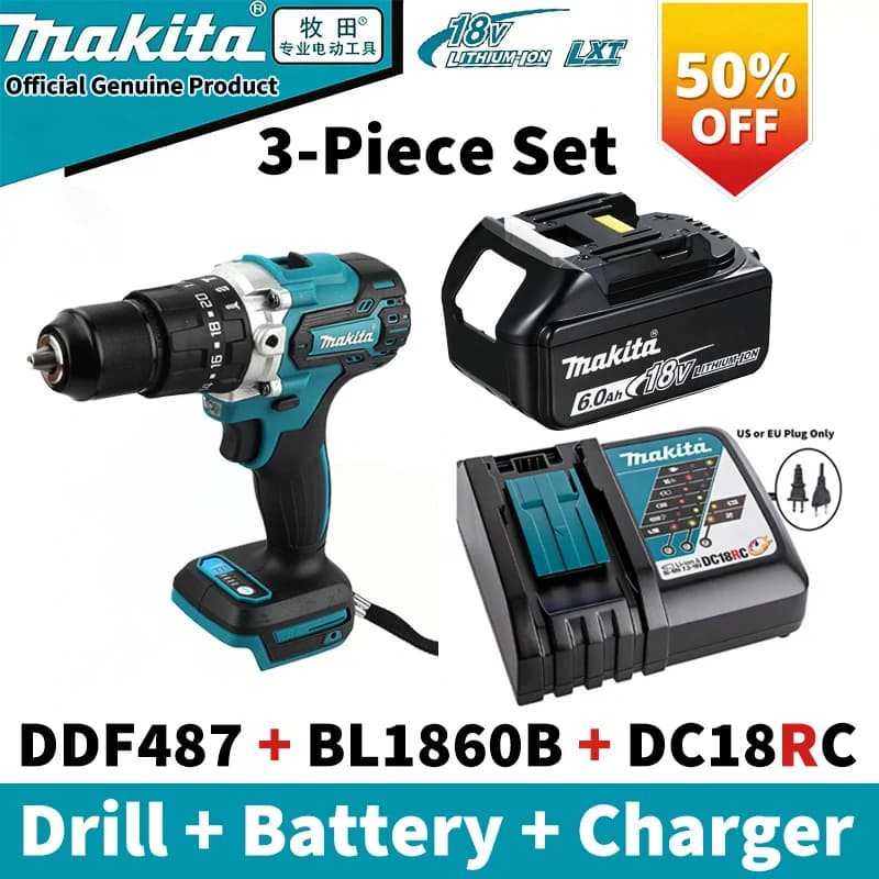 Batteria originale Makita BL1860B 18V 6Ah, set di utensili elettrici di ricambio da 3 pezzi DDF487, trapano, caricabatterie DC18RC, kit trapano e batteria