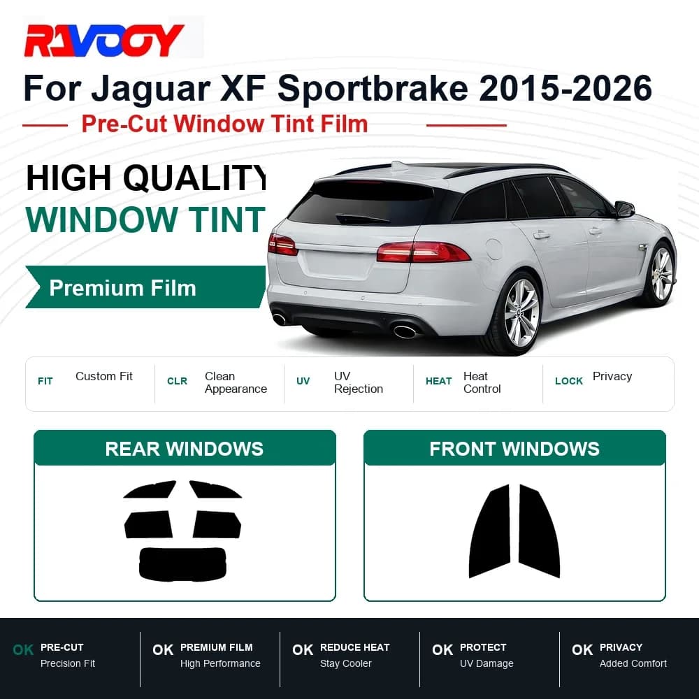 RAVOOY Precut Window Tint, Reusable Removable EPU Film, Custom Fit for Jaguar XF Sportbrake 2018-2024, UV Heat Protection