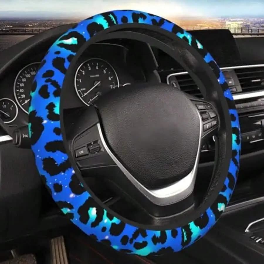 Blue Leopard Print Steering Wheel Cover Universal 15 Inch Elastic Anti Slip Car Accessory