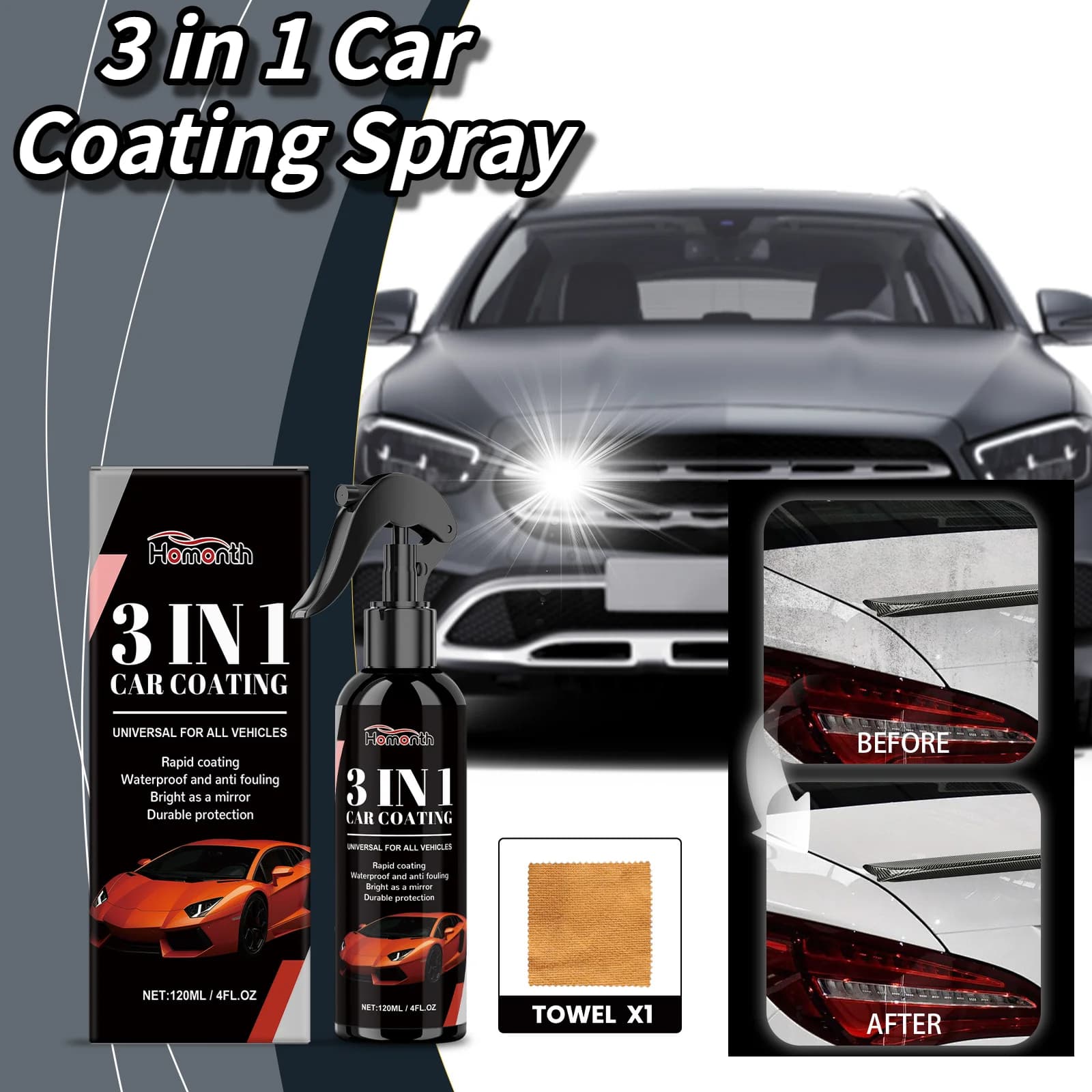 3 in 1 Rivestimento per auto Spray Rivestimento per auto Ceretta per superfici Antipolvere Macchie d'acqua Pulizia profonda Macchie Lucidatura Manutenzione Spray120ml