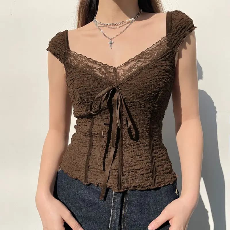 Summer Vintage Brown Lace Top Spice Girl Low Neck Bow Splicing Short Sleeve T-Shirt Women