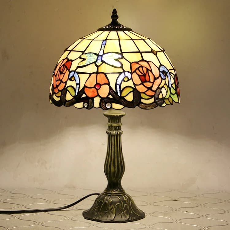 Lampada da Tavolo Tiffany con Base in Lega di Zinco, Cupola in Vetro Colorato da 12 Pollici, Motivo Rosa e Libellula, Attacco E26 AC per Sala Lettura