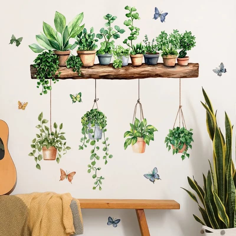 Adesivi Murali 3D con Piante Verdi in Vaso, Decorazioni Botaniche Tropicali e Succulente per Soggiorno, Cucina e Casa