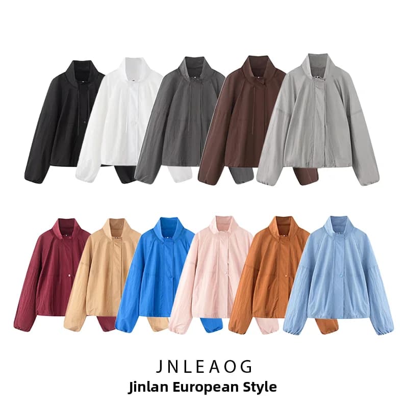 JNLEAOG Summer New Women's Fashion Long Sleeve Stand Collar Pleated Nylon Jacket Versatile Outerwear Standard Fit Polyester