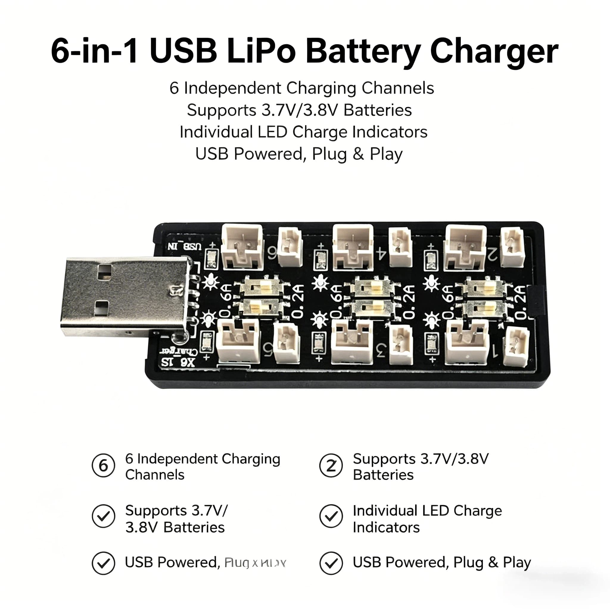 Caricabatterie a 6 Canali per Batterie LiPo 1S, 5V 3A USB con Adattatore PH 1.25/2.0 per Batterie di Droni RC