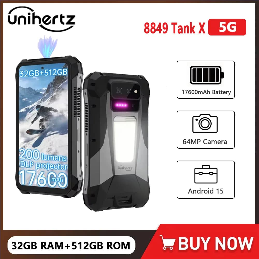 Unihertz TANK X 8849 5G Telefono Rugged, 32+512GB, Android 15, Proiettore Integrato 1080P 220 Lumen, Fotocamera 50MP+64MP, Batteria 17600mAh, NFC