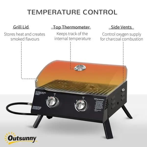 Griglia a Gas Propano a 2 Bruciatori, BBQ Portatile da Tavolo con Gambe Pieghevoli e Termometro sul Coperchio per Campeggio, Nero