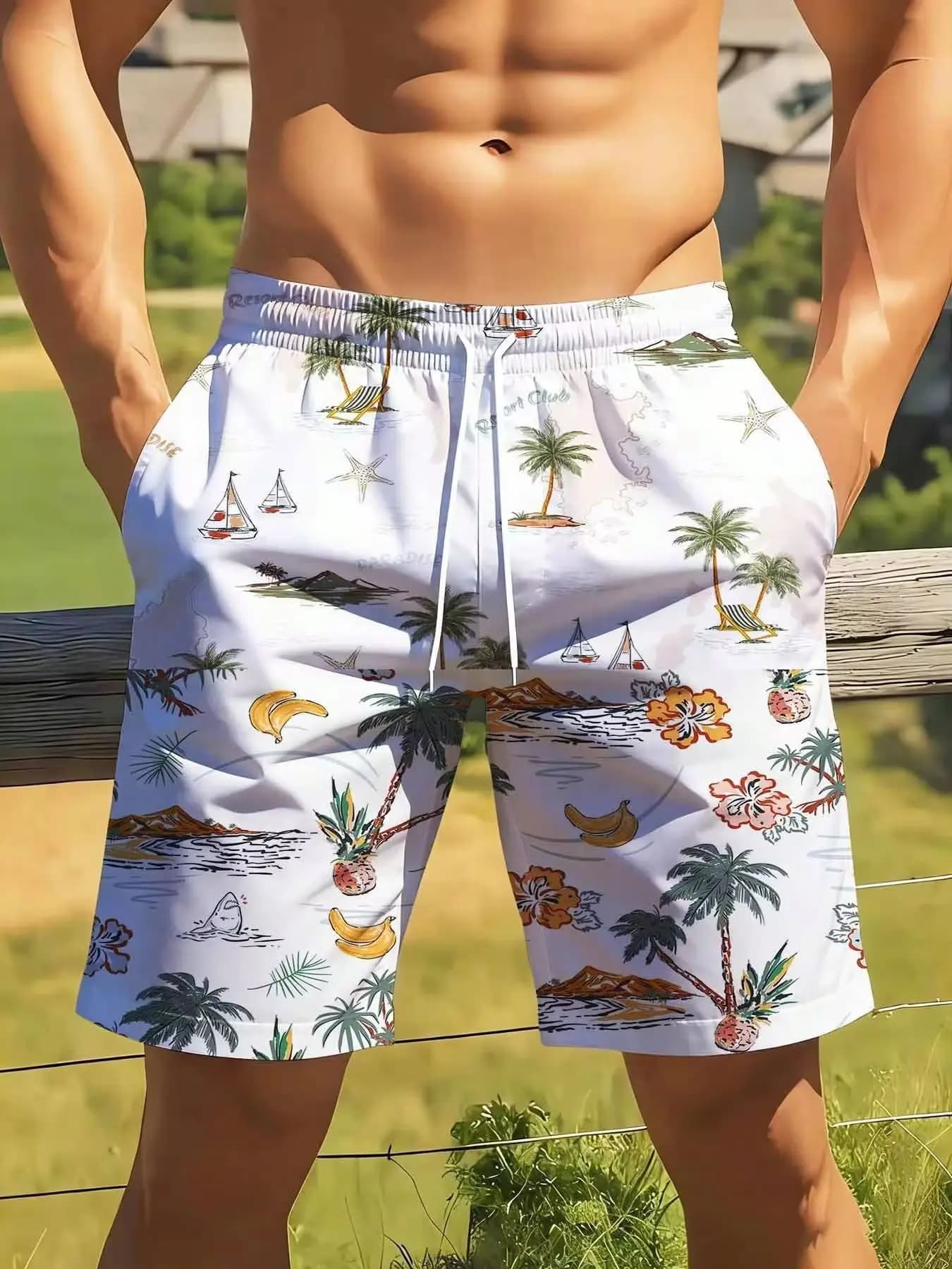 Men's Tropical Print Swim Trunks With Palm Trees Bananas And Flowers Quick Dry Beach Shorts For Summer Vacation And Resort Wear