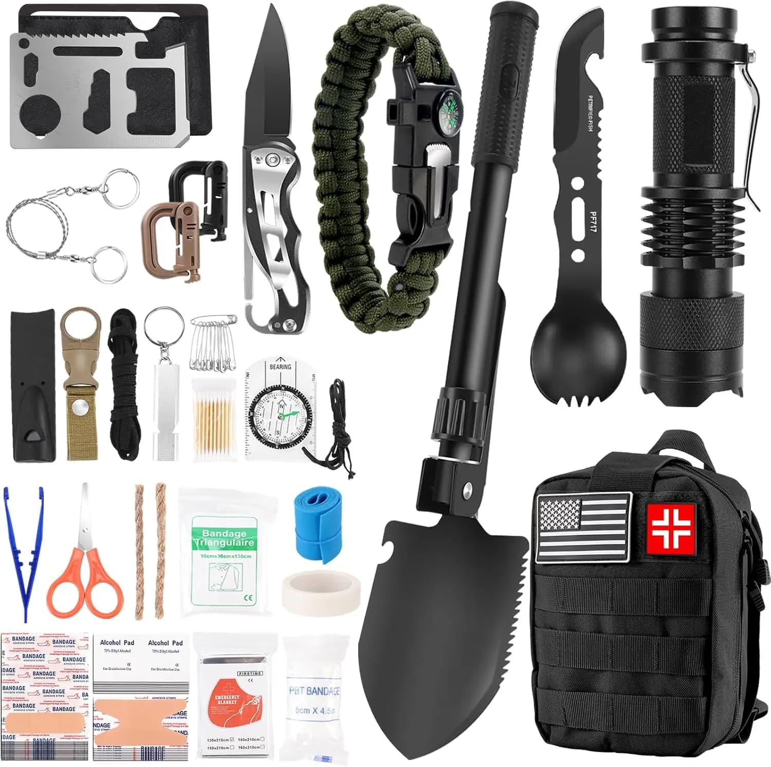 Kit di Sopravvivenza 118-in-1 per Uomini: Attrezzatura di Grado Militare per Uso Esterno, in Caso di Disastri ed Emergenze con Pronto Soccorso