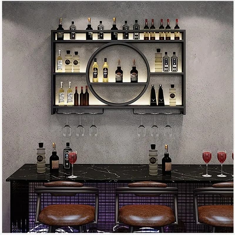 Modern Floating Wall-Mounted Glass & Wine Rack with Soft LED Lighting – 3-Tier Drink Storage Display Shelf, Wrought Iron Frame with Integrated Glass Coasters, Sleek Minimalist Design for Kitchen or Living Space, Durable Metal Construction, Easy Assembly,