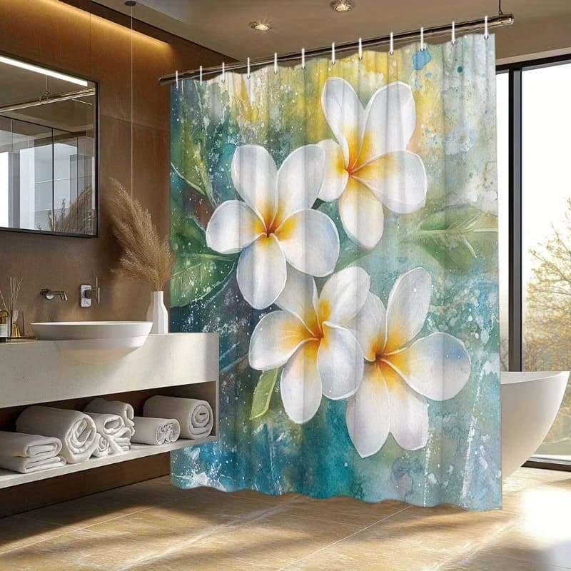 Tenda da doccia Frangipani bianca da 1 pezzo con centri giallo pallido - verde acqua tropicale e sfondo blu