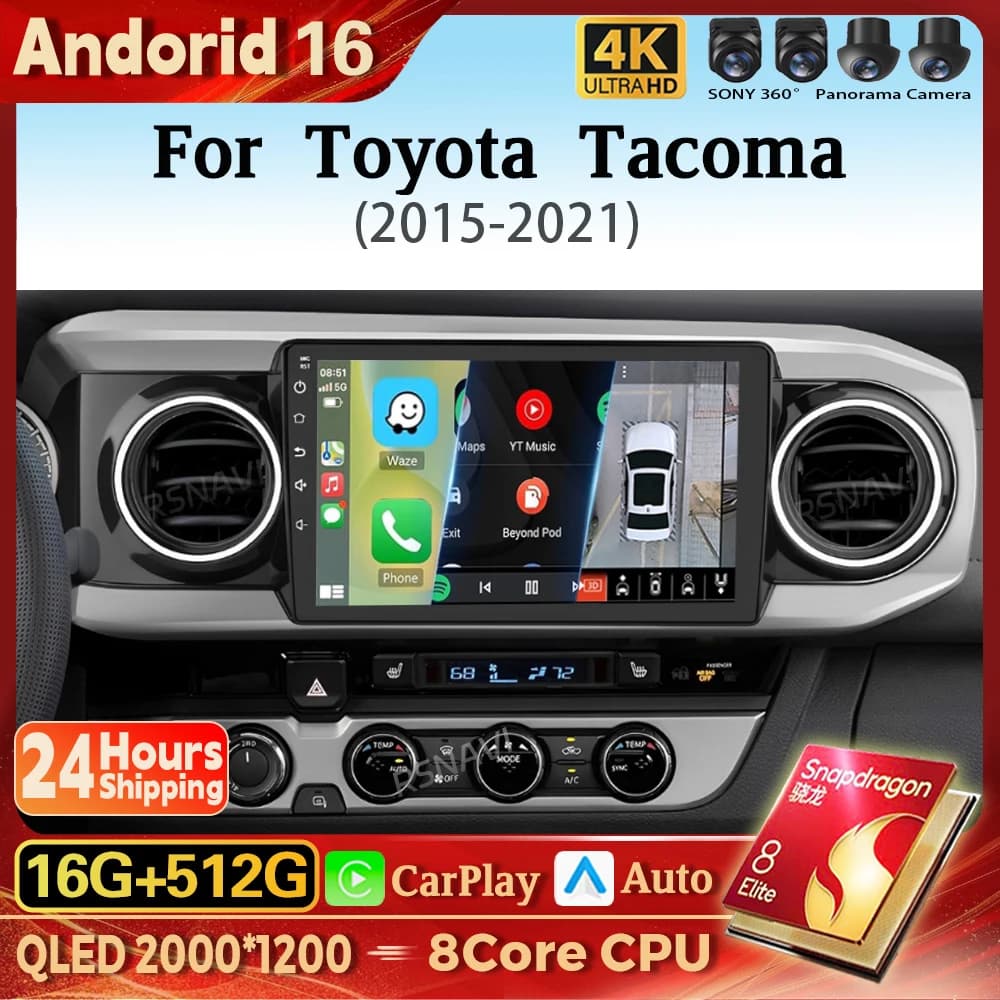 Autoradio Android 16 con Carplay, Schermo 2K, Lettore Multimediale per Toyota Tacoma N300 2015-2021, GPS Stereo 16G-512G