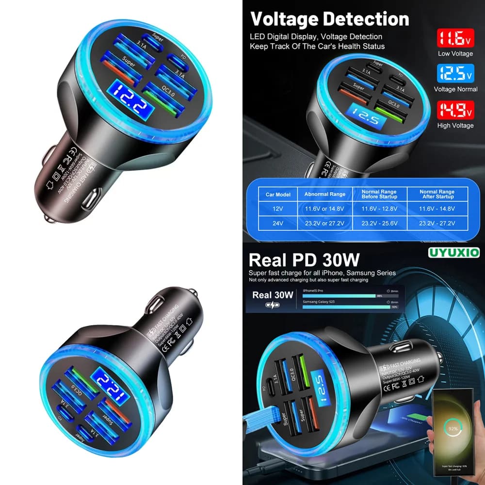 Trending Products 2026 Multi Port Full PD 30W USB C Car Charger Super Fast Charge Adapter in Car with with Voltage Display
