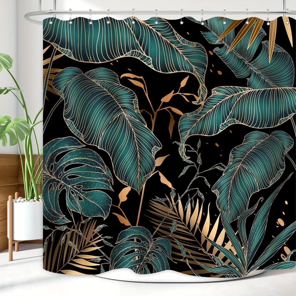 Tenda da doccia con foglie di palma tropicale - Foglia di banana astratta verde e oro, design botanico moderno, ispirata alla natura