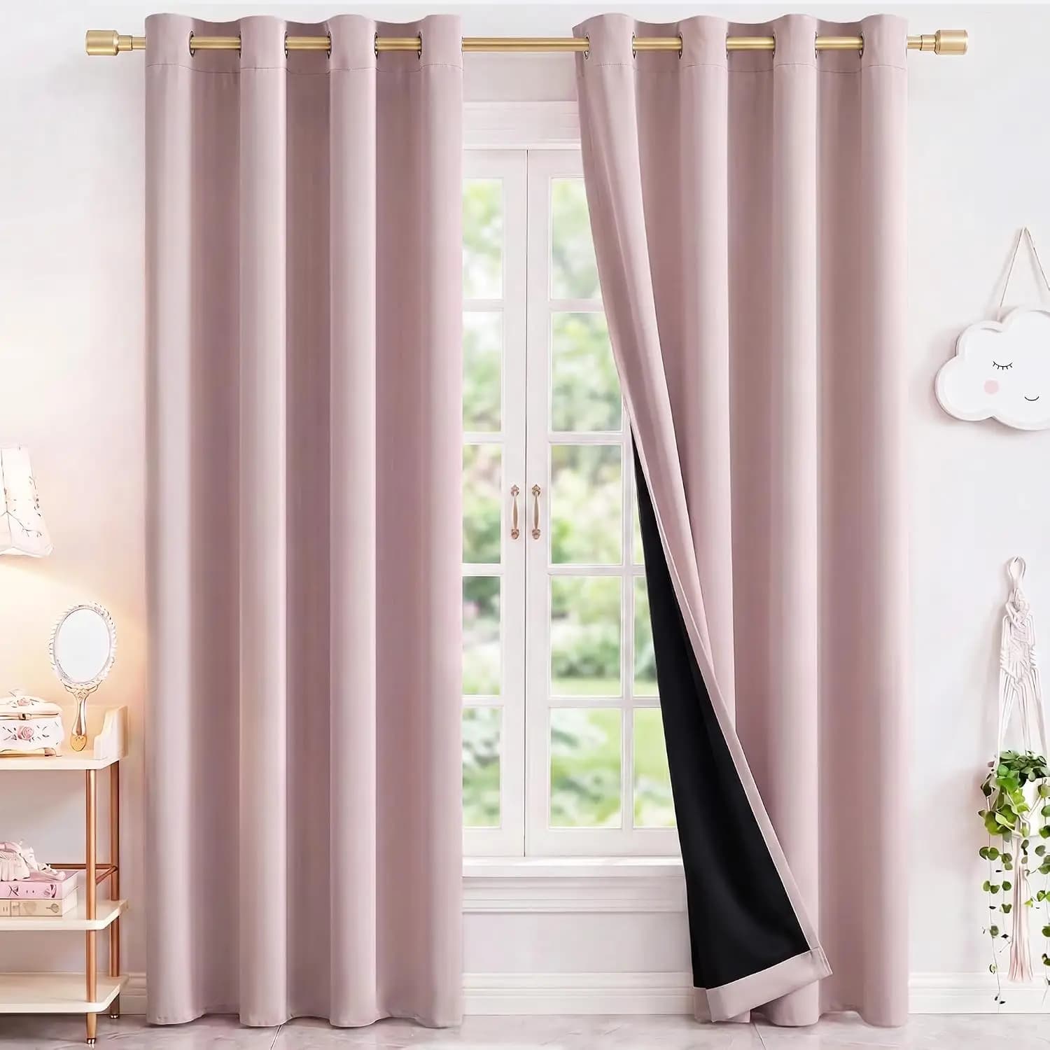 Blush-Pink 2-Panel 84-Inch Blackout Curtains, 52 Inches Wide Each, Built-In Black Liner, Thermal-Insulated Heat-Blocking Drapes Suitable for Nurseries