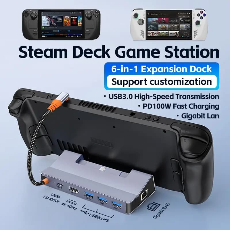 Steam Deck Dock Docking Station with Fan 6-in-1 HDMI 2.0 4k@60hz Gigabit Ethernet Full Speed Charging USB-C USB 3.0